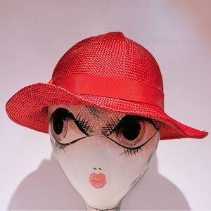BOUTIQUE Kate Red Woven Fedora Style. Accent Ribbon Hat - Size M/L